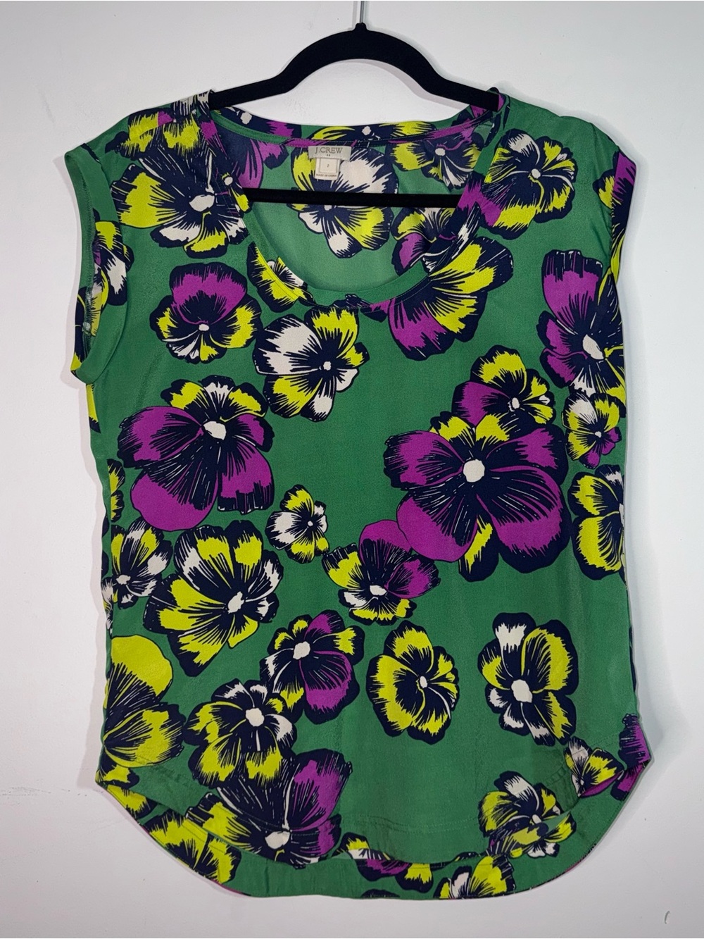 J.Crew Sleeveless Shell Blouse Green Pansy Floral Print Scoop Neck Women’s 2